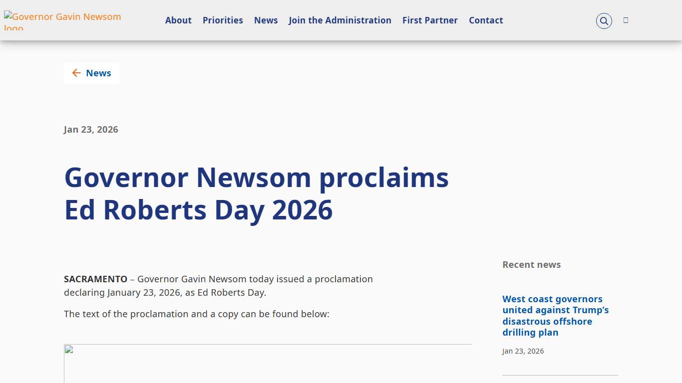 Governor Newsom proclaims Ed Roberts Day 2026 Governor of California